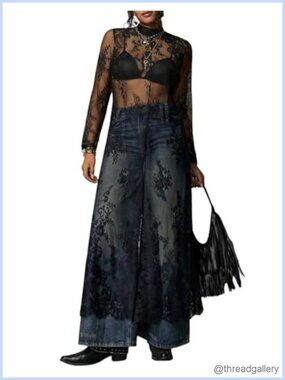 Plus Size Lace Maxi Dress Long Sleeve Mock Neck Sheer Mesh Club Party